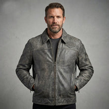 Load image into Gallery viewer, Men’s Harley-Style Black Leather Moto Jacket – Orange & White Racing Stripe Edition
