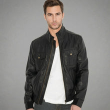 Laden Sie das Bild in den Galerie-Viewer, Men’s Black Leather Bomber Jacket – Simple Slim Fit Classic Casual Coat
