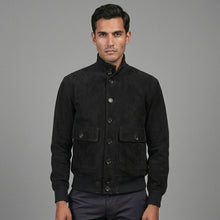 Laden Sie das Bild in den Galerie-Viewer, Men’s Black Suede Leather Bomber Jacket – Premium Classic Casual Aviator Coat