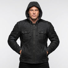 Load image into Gallery viewer, Men’s Matte Black Leather Biker Jacket – Removable Hood Moto Coat
