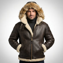 Laden Sie das Bild in den Galerie-Viewer, Men’s B-3 Hooded Sheepskin Bomber Leather Jacket – Premium Shearling Flight Coat