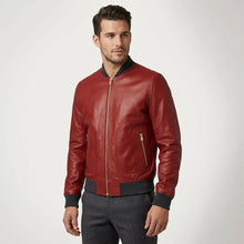 Laden Sie das Bild in den Galerie-Viewer, Men’s Red Lambskin Leather Bomber Jacket – Premium Fashion Casual Coat