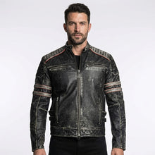 Laden Sie das Bild in den Galerie-Viewer, Men’s Distressed Black Cow Leather Biker Jacket – Vintage Quilted Moto Jacket