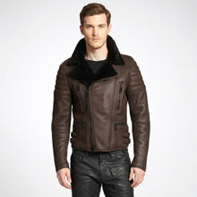 Laden Sie das Bild in den Galerie-Viewer, Men’s Brown Shearling Cafe Racer Leather Jacket – Vintage Aviator Biker Coat