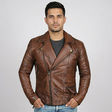 Laden Sie das Bild in den Galerie-Viewer, Men’s Brown Distressed Leather Motorcycle Jacket – Vintage Biker Moto Coat