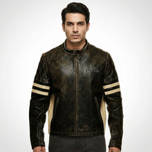 Laden Sie das Bild in den Galerie-Viewer, Men’s Distressed Brown Cafe Racer Leather Jacket – Royal Enfield Inspired Biker Coat