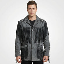 Laden Sie das Bild in den Galerie-Viewer, Men’s Western Cowboy Jacket – Black Fringe Suede Leather Coat