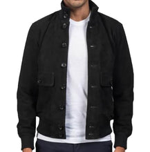 Load image into Gallery viewer, Men’s Black Suede Leather Bomber Jacket – Classic & Stylish Outerwear