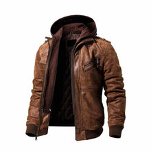 Laden Sie das Bild in den Galerie-Viewer, Men's Distressed Brown Leather Hood Jacket Leather Outlet