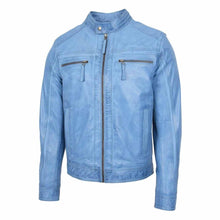 Load image into Gallery viewer, Mens Leather Biker Jacket in Sky Blue Leather Outlet