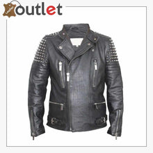 Load image into Gallery viewer, Mens Studded Leather Biker Jacket