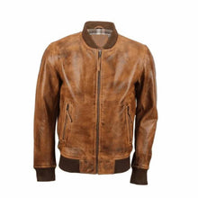 Load image into Gallery viewer, Mens Waxed Brown Leather Bomber Jacket Leather Outlet