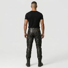 Laden Sie das Bild in den Galerie-Viewer, Men’s Black Sheepskin Leather Cargo Pants – Biker Style Leather Trousers