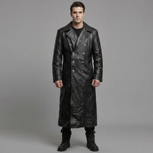Load image into Gallery viewer, Men’s German Officer Style Black Leather Trench Coat – Military Inspired Long Coat