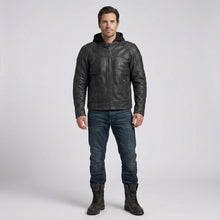 Load image into Gallery viewer, Men’s Black Hooded Leather Biker Jacket – Urban Moto Style