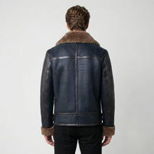 Load image into Gallery viewer, Men’s Blue Sheepskin Shearling Leather Jacket – Premium Winter Aviator Coat