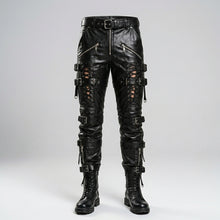 Laden Sie das Bild in den Galerie-Viewer, Men’s Gothic Black Sheepskin Leather Pants – Slim Fit Biker Trousers