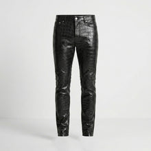 Laden Sie das Bild in den Galerie-Viewer, Men’s Black Crocodile Embossed Genuine Leather Biker Pants – Slim Fit Moto Trousers
