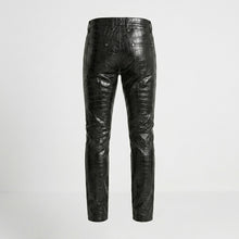 Laden Sie das Bild in den Galerie-Viewer, Men’s Black Crocodile Embossed Genuine Leather Biker Pants – Slim Fit Moto Trousers