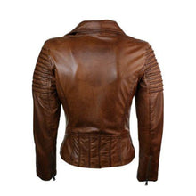 Load image into Gallery viewer, Real Slim Fit Waxed Brown Women Leather Biker Jacket