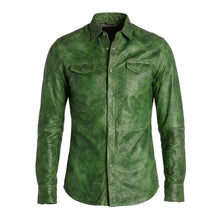 Laden Sie das Bild in den Galerie-Viewer, Men’s Green Napa Lamb Leather Biker Shirt – Premium Slim Fit Leather Shirt Jacket