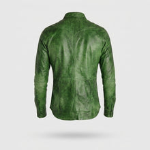 Laden Sie das Bild in den Galerie-Viewer, Men’s Green Napa Lamb Leather Biker Shirt – Premium Slim Fit Leather Shirt Jacket