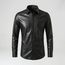 Laden Sie das Bild in den Galerie-Viewer, Men’s Slim Fit Black Sheepskin Leather Shirt Jacket – Premium Leather Overshirt