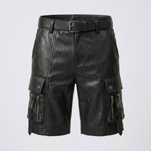 Laden Sie das Bild in den Galerie-Viewer, Men’s Black Leather Cargo Utility Shorts – Premium Biker Streetwear Shorts