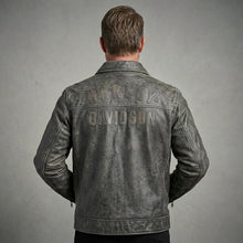 Load image into Gallery viewer, Men’s Harley-Style Black Leather Moto Jacket – Orange & White Racing Stripe Edition