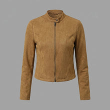 Load image into Gallery viewer, Women's Brown Suede Cropped Moto Jacket