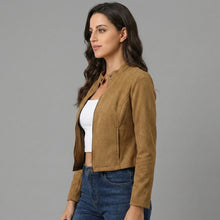 Load image into Gallery viewer, Women's Brown Suede Cropped Moto Jacket