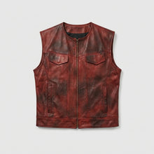 Laden Sie das Bild in den Galerie-Viewer, Men’s Vintage Red Leather Biker Vest – Classic Motorcycle Riding Vest