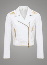 Load image into Gallery viewer, Signature Snow White Leather Biker Jacket – Gold Studded Luxury Moto