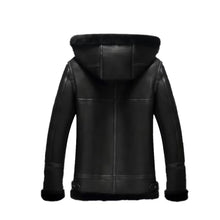 Laden Sie das Bild in den Galerie-Viewer, Women's Black Bomber B3 Hooded Aviator Leather Jacket Leather Outlet