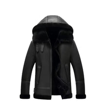 Laden Sie das Bild in den Galerie-Viewer, Women's Black Bomber B3 Hooded Aviator Leather Jacket Leather Outlet