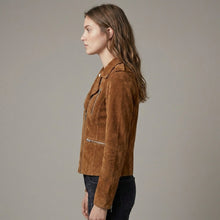 Load image into Gallery viewer, Women's Brown Suede Biker Jacket