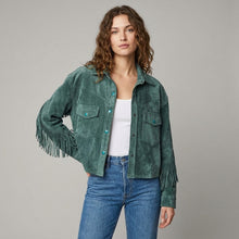 Load image into Gallery viewer, Women's Green Fringed Western Leather Jacket
