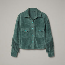 Load image into Gallery viewer, Women's Green Fringed Western Leather Jacket