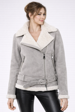 Load image into Gallery viewer, Women's Grey Leather & White Shearling Jacket