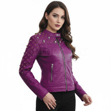 Load image into Gallery viewer, Royal Amethyst Quilted Leather Biker Jacket – Purple Moto with Gold Hardware