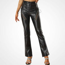 Load image into Gallery viewer, Women’s Black Lambskin Leather Lace-Up Biker Pants