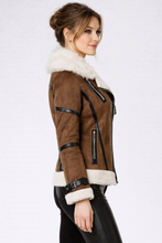 Load image into Gallery viewer, Women's Brown Shearling Bomber Jacket