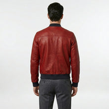 Load image into Gallery viewer, Men’s Red Lambskin Leather Bomber Jacket – Slim Fit Fashion Aviator Coat