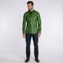 Laden Sie das Bild in den Galerie-Viewer, Men’s Green Napa Lamb Leather Biker Shirt – Premium Slim Fit Leather Shirt Jacket