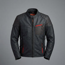 Laden Sie das Bild in den Galerie-Viewer, Herren Bikerjacke aus mattem schwarzem Leder – Rote Naht im Harley-Stil