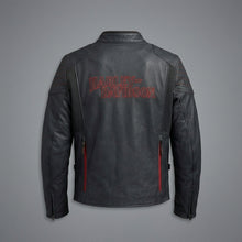 Laden Sie das Bild in den Galerie-Viewer, Herren Bikerjacke aus mattem schwarzem Leder – Rote Naht im Harley-Stil