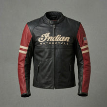 Load image into Gallery viewer, Men’s Vintage Indian-Style Leather Racing Jacket – Red & Black Moto Style