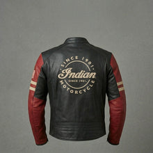 Load image into Gallery viewer, Men’s Vintage Indian-Style Leather Racing Jacket – Red & Black Moto Style