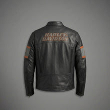 Load image into Gallery viewer, Men’s Harley-Davidson Style Black Leather Moto Jacket – Orange Script Edition