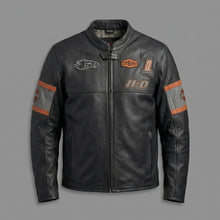 Load image into Gallery viewer, Men’s Harley-Davidson Style Black Leather Moto Jacket – Orange Script Edition